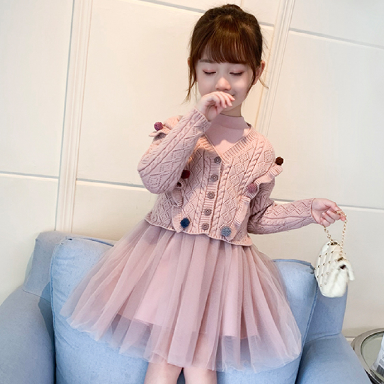 100 140 2点セット ドレス カーディガンピンク ワンピース ドレス 長袖 キッズ 韓国 子供服 女の子 Q Toworld キュートワールド 子供服 メール便は何点でも送料の合計は280円