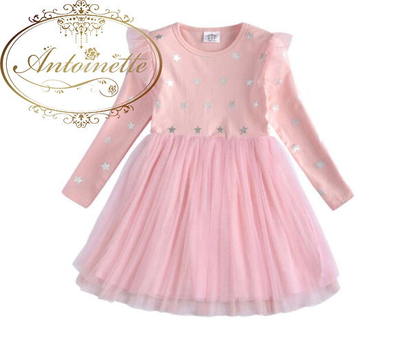 2色 星柄 ピンク チュール ワンピース 子供服 ドレス 普段着 Girl Lovely Princess Star One Piece Dress Kids Antoinette