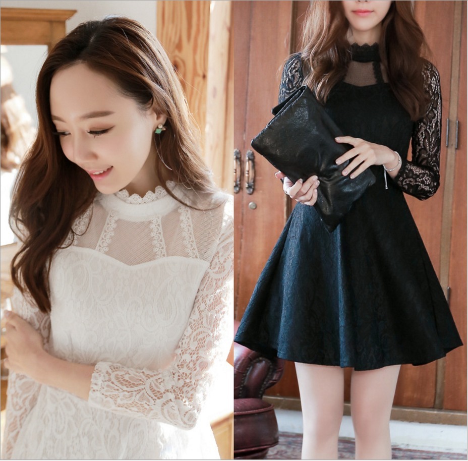 結婚式ワンピース パーティードレス 春 夏 秋 レースシースルー ミニ丈 Aライン ワンピース ミニドレス レディース 長袖 黒 白 韓国スタイル オフィス お嬢様 フィット ストレッチ 韓国レディース キッズファッション Londonbridge ロンドンブリッジ