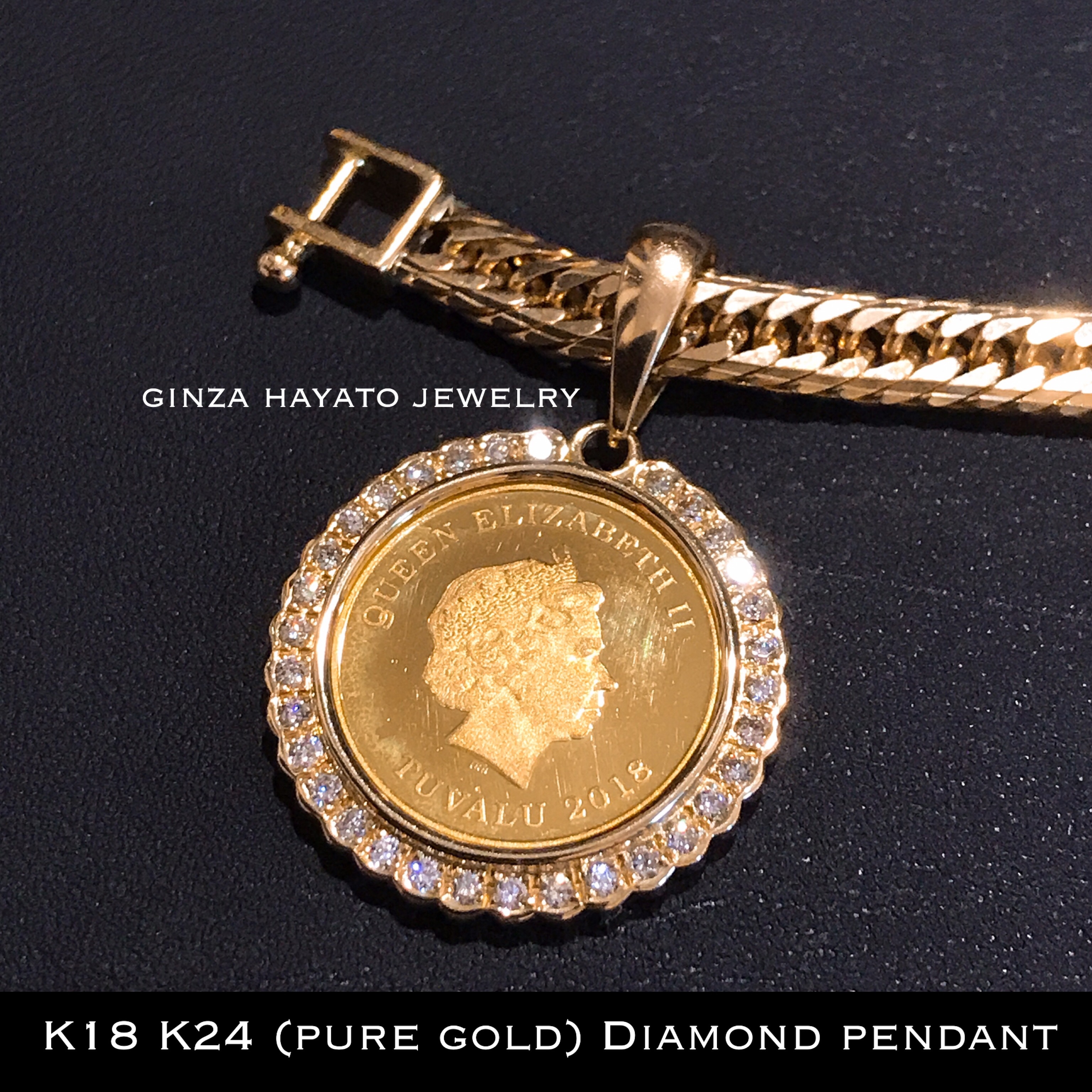 K18 K24 天然 ダイヤモンド 純金 コイン 1 25オンス ペンダント Diamond Pure Gold Coin 1 25oz Elizabeth Horse Pendant Ginza Hayato Jewelry