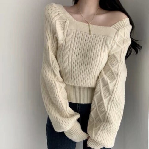オルチャンファッション 韓国レディースファッション 6844 ローゲージニット スクエアネック ニット ホワイトコーデ お洒落 ガーリー 人気プチプラレディース韓国ファッション新作通販 Aliceholly アリスホーリー