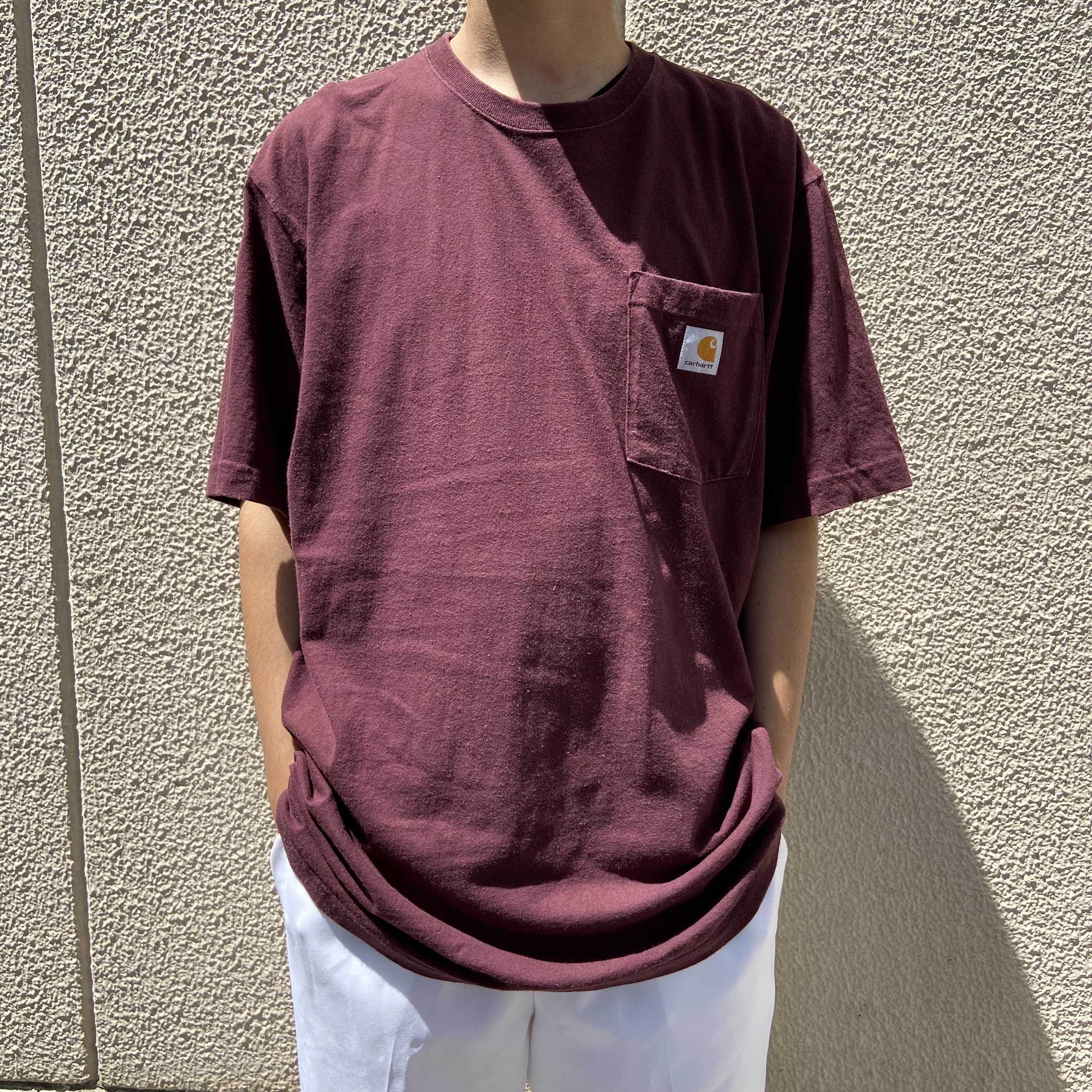 送料無料 Carhartt ポケットtシャツ エンジ 胸ポケ ブランドロゴ 小豆色 古着屋 Uan