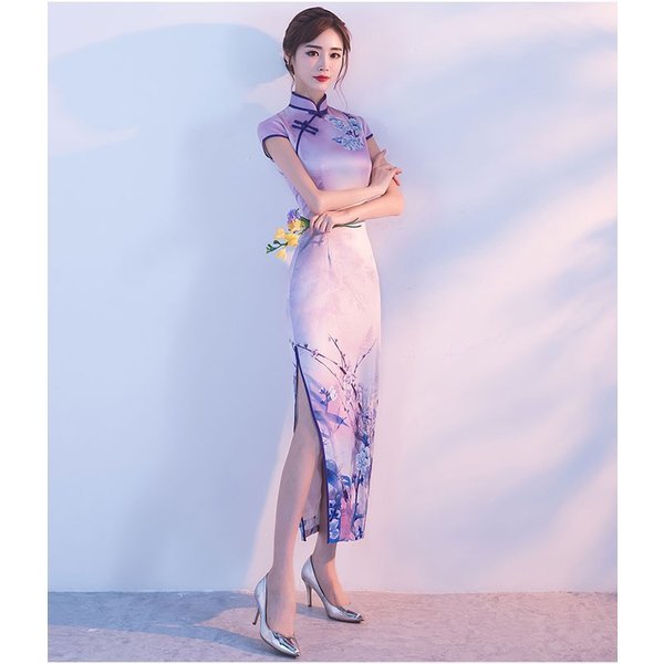 ロング チャイナドレス ワンピース 二次会 お誕生日 彼女 大きいサイズ ライト紫 パープル 半袖 S M L Ll 3l フェミニン Elegant