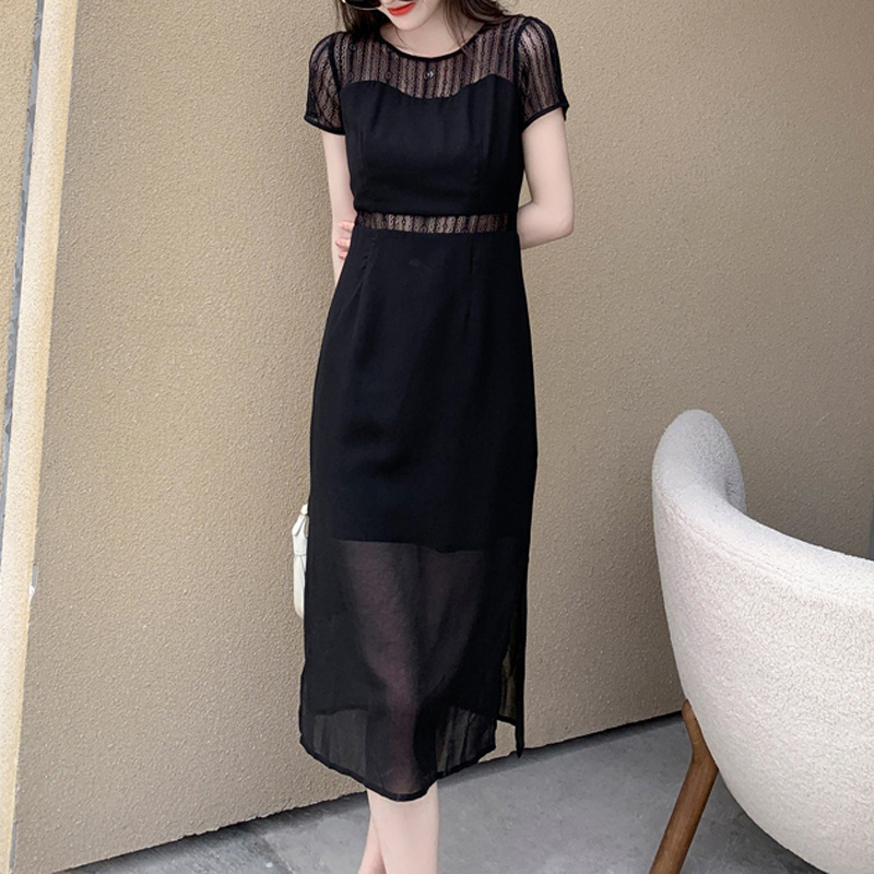 ワンピース 絶対欲しい 無地 切り替え 膝下丈 ハイウエスト デートワンピース 黒 透け Modocat