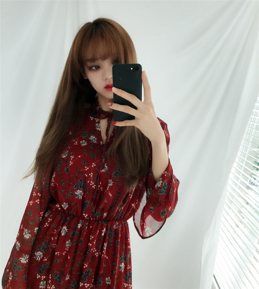 透け感のあるレトロ花柄 ワンピース 長袖 プチプラ お買い得 大人かわいい ガーリー ワンピース ロング 小花柄ワンピース 秋春夏 赤 黒 ワンピース 長袖 リボンベルト 花柄 ワンピース 結婚式 パーティー ワンピース ロング丈 ワンピース 女子会 裾 Aラインワンピース