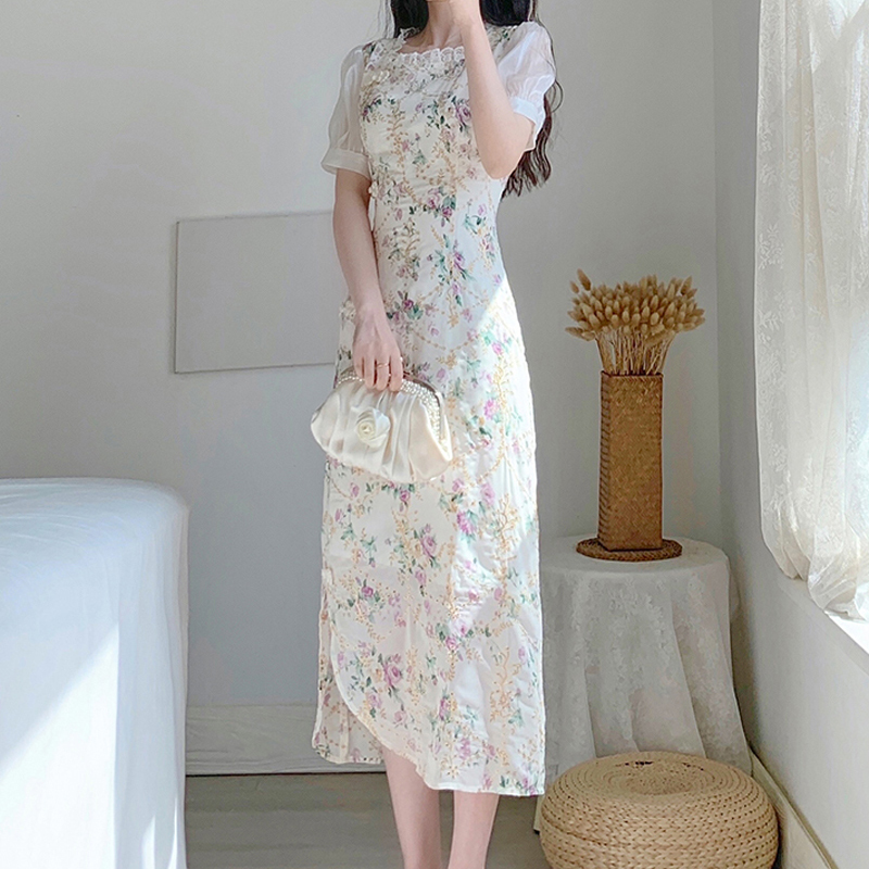 Nihuoシリーズ チャイナ風ワンピース チャイナドレス 半袖 ホワイト 花柄 フリフリ付き 夏 チャイナボタン Elegant