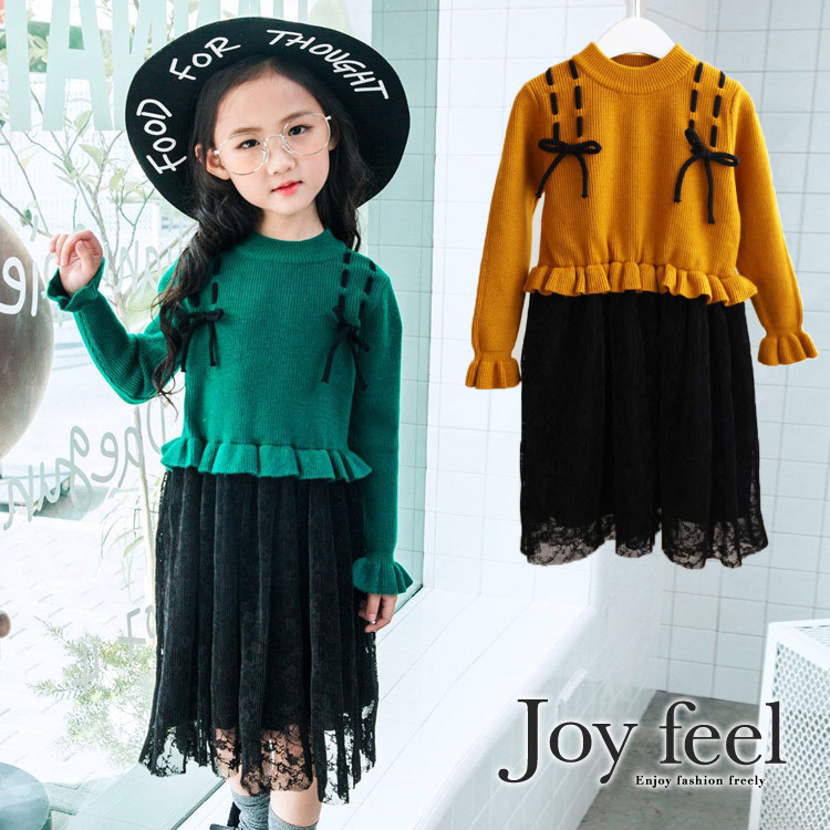 レースアップニット プリーツレース 切り替え ワンピース 韓国 レディースファッション通販joyfeel ジョイフィール