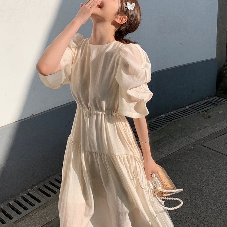 送料無料 ふんわり軽やかシフォン パフスリーブ シフォンワンピース きれいめ レトロ クラシカル 大人上品 フェミニン Lamitte Deco トレンド 韓国ファッション ショップ