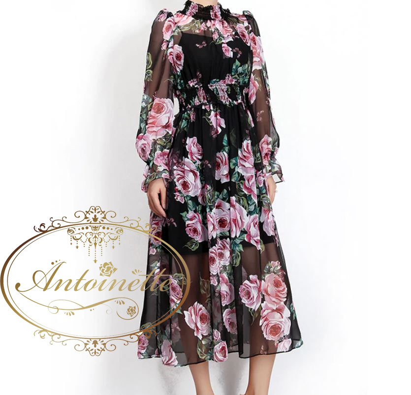 S 1即配可能 フジテレビ 木曜ドラマ ルパンの娘１ 小沢真珠様 ご着用 シフォンワンピース 花 バラ レディース おしゃれ ブラック フレアワンピース ワンピ 春 春服 春物 Antoinette