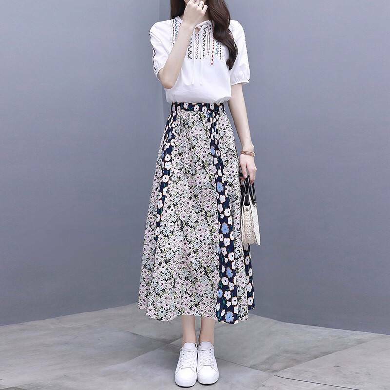 セットアップ レディース ロングスカート 上下セット 花柄スカート 刺繍 半袖 ブラウス 小さいサイズ 大きいサイズ フェミニン Happy Toon