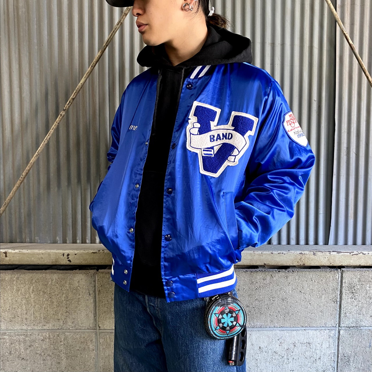 90年代 Swngster ワッペン付き 中綿入り ナイロンスタジャン メンズm 古着 90s ビンテージ ヴィンテージ アワードジャケット ブルー 青 ナイロンジャケット Al2109 Cave 古着屋 公式 古着通販サイト