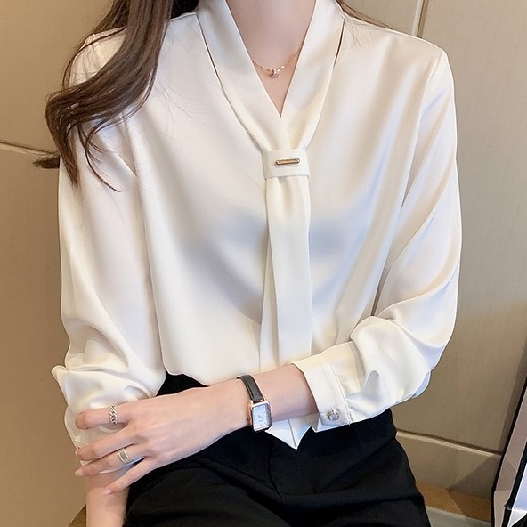 Tops Blouse Elegant トップス ブラウス シフォン 長袖 リボン ネクタイ ボウタイ ボタン Vネック ホワイト おしゃれ 綺麗 大人かわいい カジュアル シック レトロ 普段使い 通勤 お出かけ 女子会 ランチ デート 春秋 Sea Sign Post