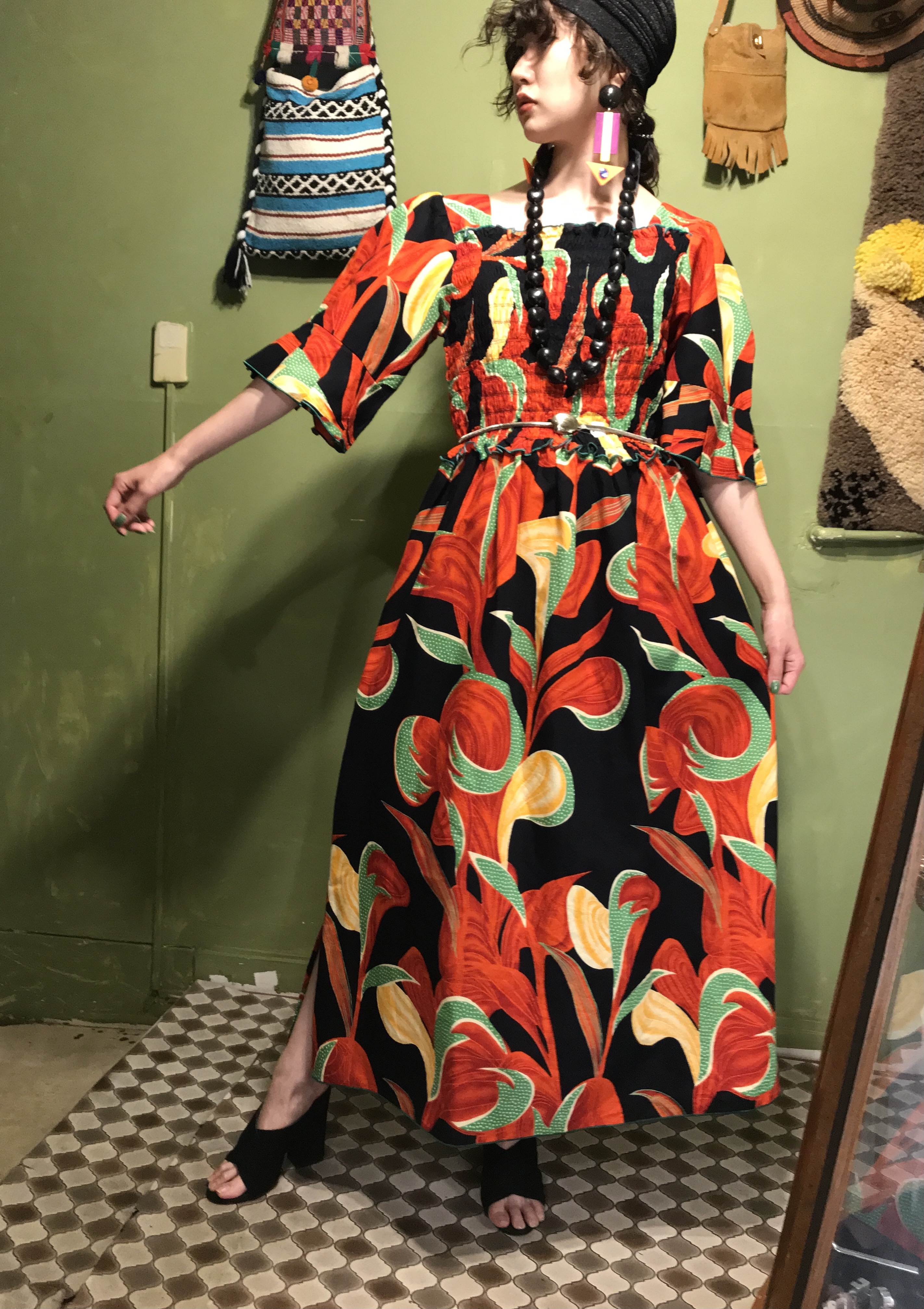 Vintage Black Multicolor Cotton Maxi Dress ヴィンテージ アフリカン バティック ブラック マルチカラー コットン マキシ ワンピース Riyad Vintage Shop