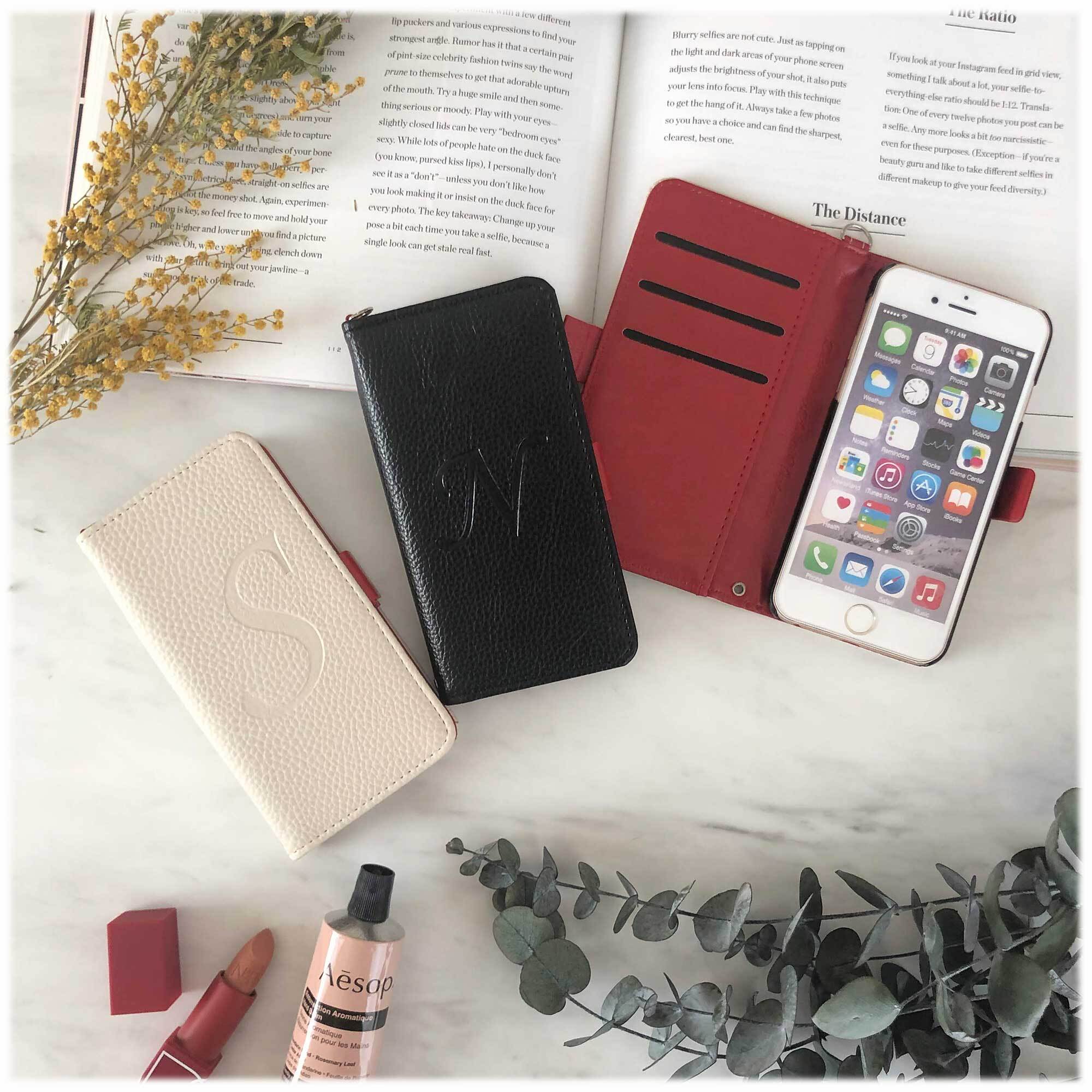 全機種対応 Bigイニシャル刻印 名入れ 手帳型アイフォンケース Iphone Android アイボリー ブラック オリジナルスマホケース Amelie Handmade