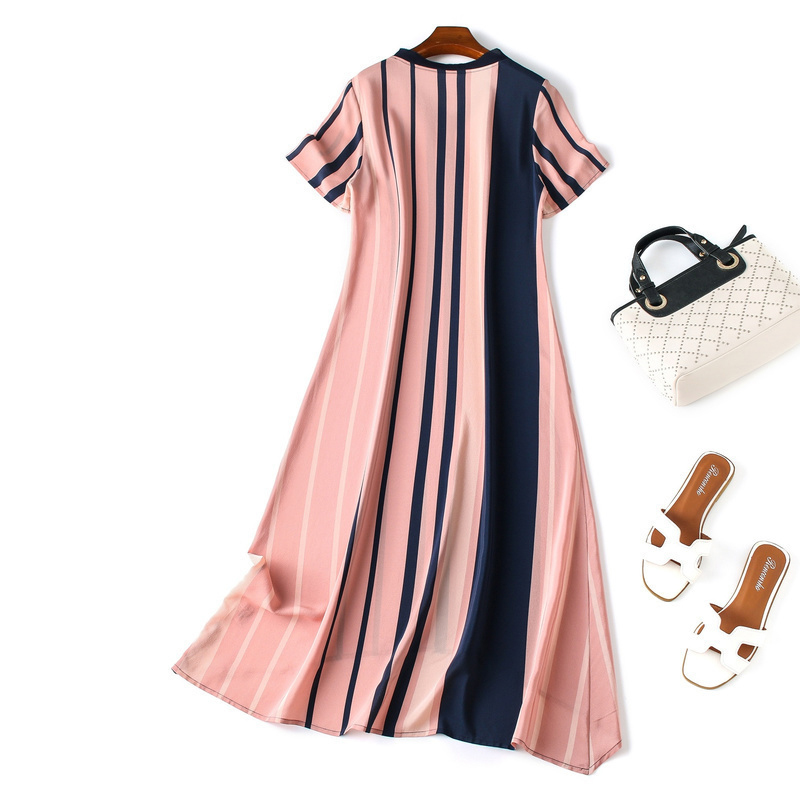 シルク100 高品質 シルクワンピース ドレス レディースファション Vネック 半袖 ロング丈 ストライプ柄 縞模様 縦縞 ゆったり エレガント 高品質 高級感ある 女子会 結婚式 普段着 大きいサイズ S M L Ll 3l ピンク Elegant