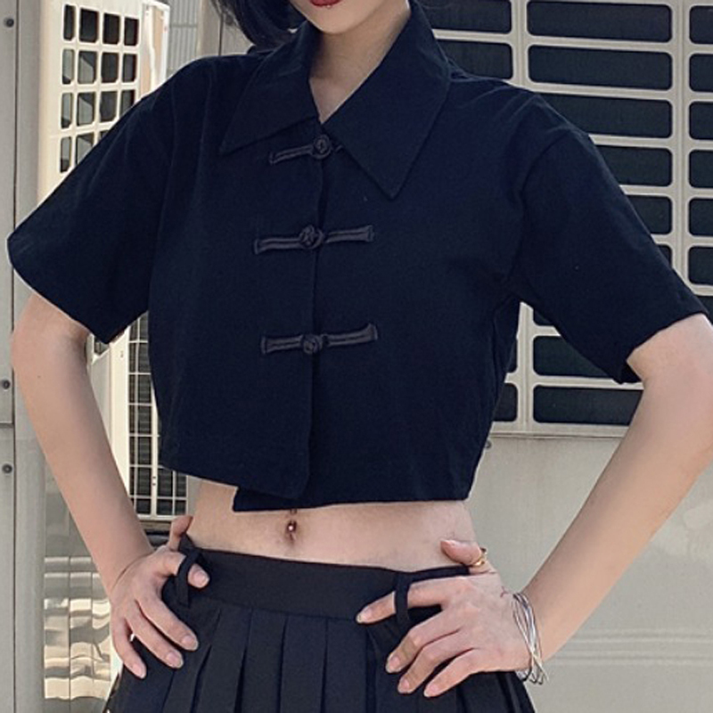 チャイナ風シャツ トップス 可愛いボタン 中華服 改良唐装 個性的 着痩せ ブラック 黒い M L Ll Elegant