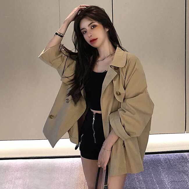 ゆったり メンズライク カジュアル ショートジャケット トレンチコート レディース アウター 体型カバー 長袖 ブラック カーキ ゆるカジ ボタン クール ラフ こなれ感 リラックス ボタン 男ウケ デート服 楽ちん 韓国ファッション 通販 秋 冬 Pure Fragrance Style