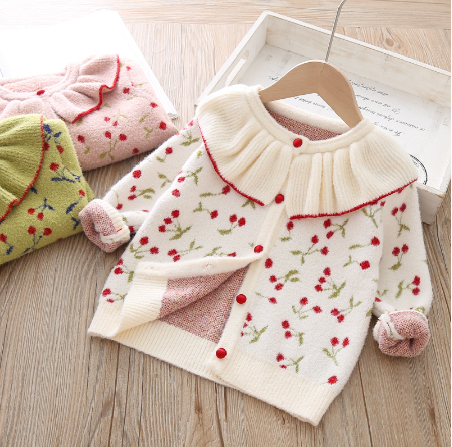 女の子 キッズ さくらんぼ チェリー カーディガン フリル 長袖 ニット は織物 はおりもの 子供服 こども Antoinette