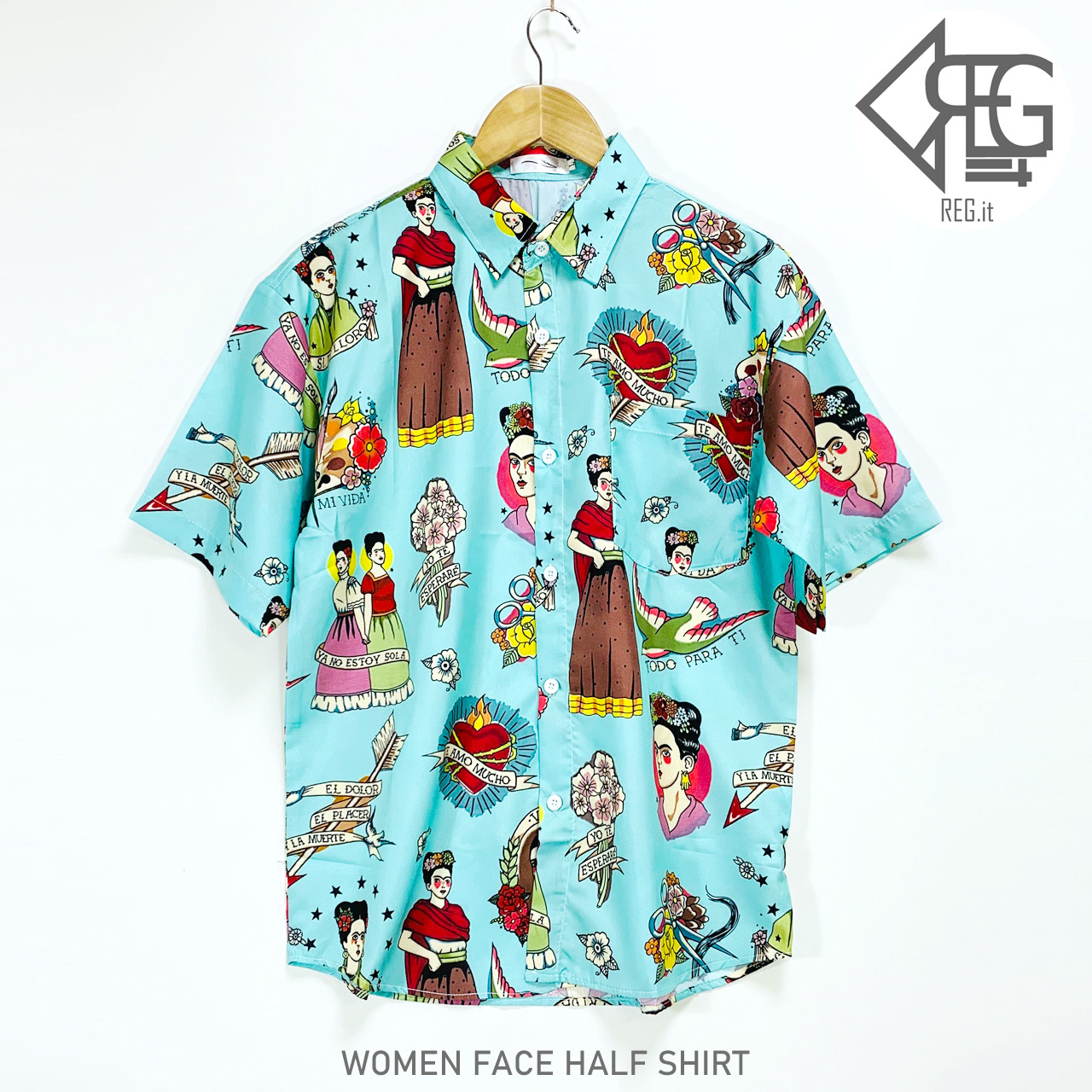 Regit 即納 Women Face Half Shirt S S 韓国服 トップス 半袖 シャツ 夏 個性的 総柄 10代 代 プチプラ 着回し 着映え ネット通販 Tpb011 Regit