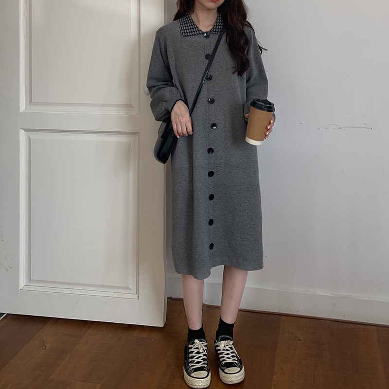 オルチャンファッション 韓国レディースファッション 66 ニットワンピース 膝丈ワンピース ボタンワンピース 千鳥柄 襟付きワンピース ワンピース ニット ガーリー 人気プチプラレディース韓国ファッション新作通販 Aliceholly アリスホーリー