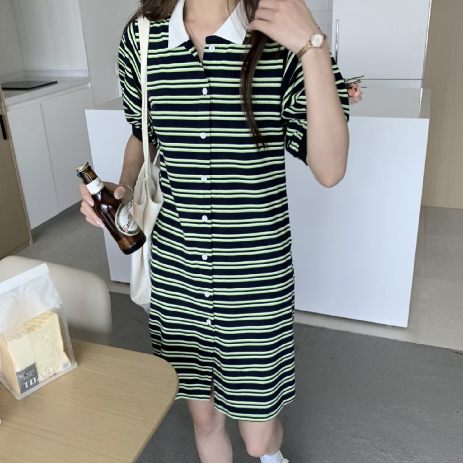 送料無料 グリーン コーデに ポロ ミニ ワンピース チュニック ボーダー パフ袖 ポワン カジュアル 着回し 学生 レトロっぽ Lamitte Deco トレンド 韓国ファッション ショップ