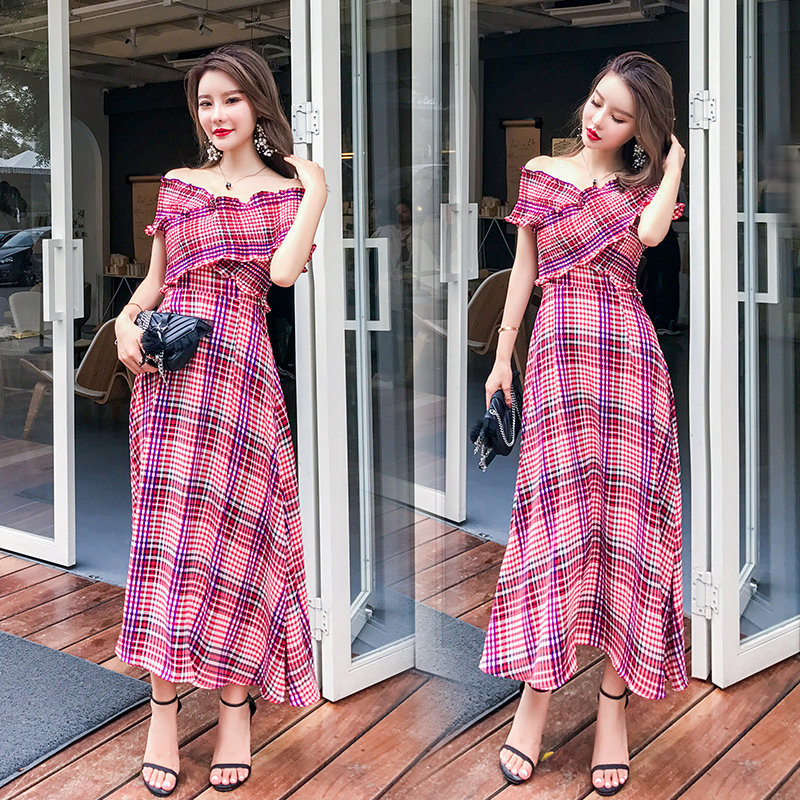 ワンピース チェック オフショルダー フリル Vネック ボヘミアン ハイウエスト 切り替え プリーツ ガーリー 派手 華やか カジュアル お出かけ デート ショッピング 買い物 ランチ ゆったり 普段使い デイリー使い Sea Sign Post