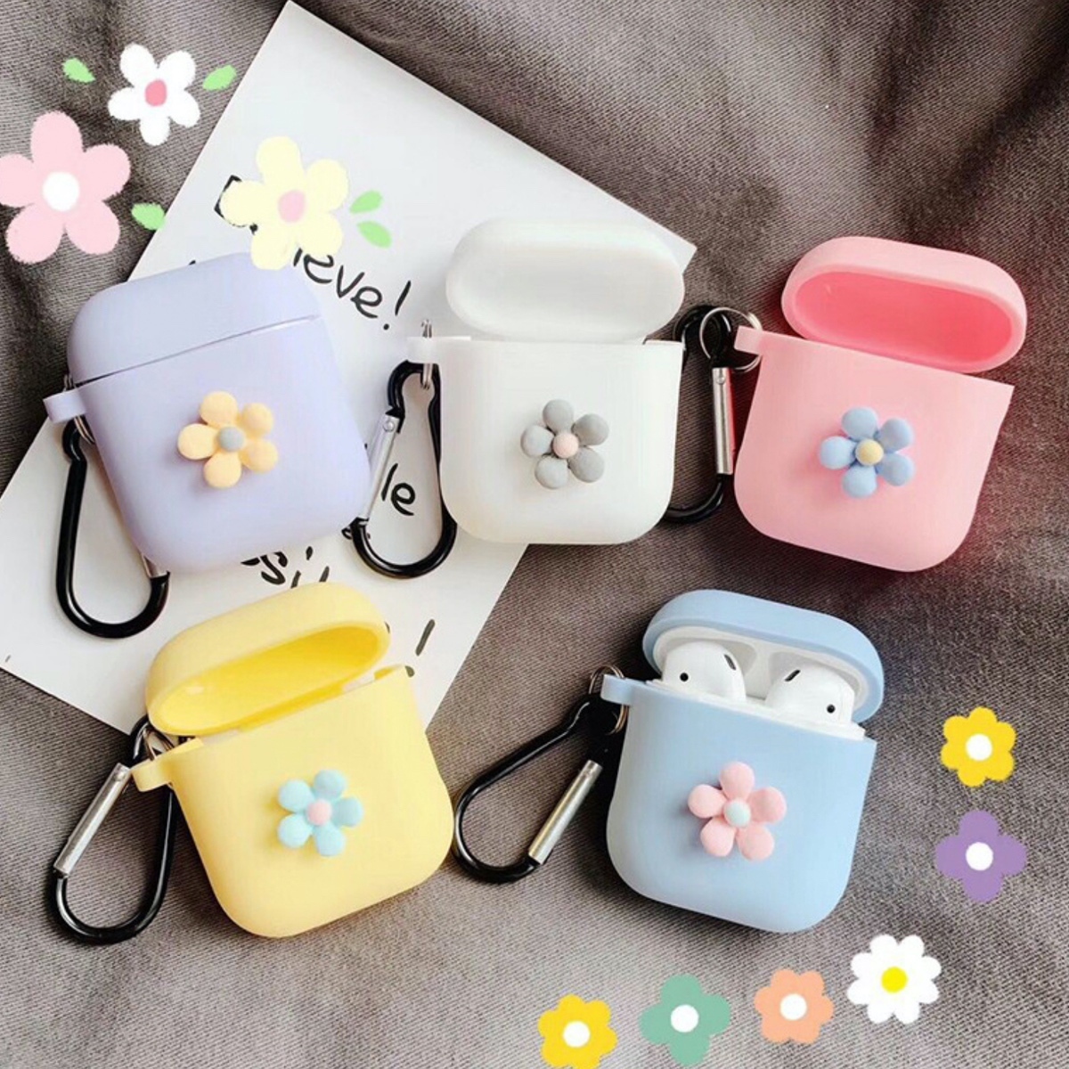 Airpods ケース 韓国 シンプルパステルフラワー フック付き カバー かわいい シンプル 大人 可愛い お洒落 イヤホンケース シリコン セレクトショップオンリーユー