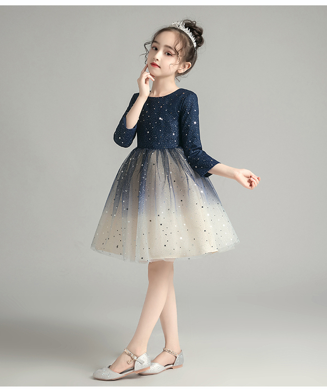 子どもドレス 子供ドレス キッズドレス 子供服装 演出装 舞台装 女の子 子供ワンピース ラウンドネック 長袖 100 110 1 130 140 150 160 プレゼント 誕生日 ブルー 青い 星柄 Elegant