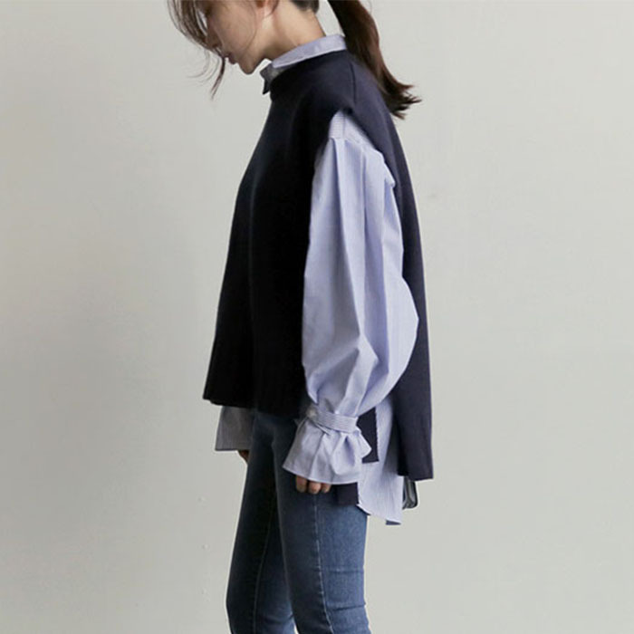 2点セット 長袖 ストライプシャツ ニットベスト フレンチスリーブ 重ね着 Qrea Style プチプラ 韓国ファッション