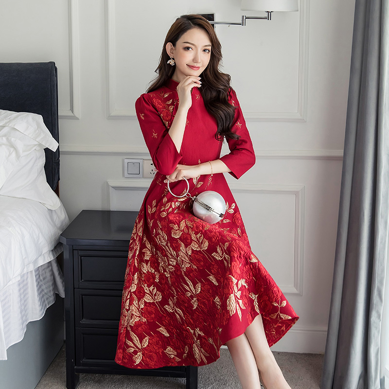 チャイナ風ワンピース 上品なワンピース ロング丈ワンピース 改良唐装 改良漢服 チャイナ風服 中華服 改良型チャイナドレス 普段着 大きいサイズ S M L Ll 3l 女子会 同窓会 高級感ある 美品 レッド 赤い 気質アップ Elegant