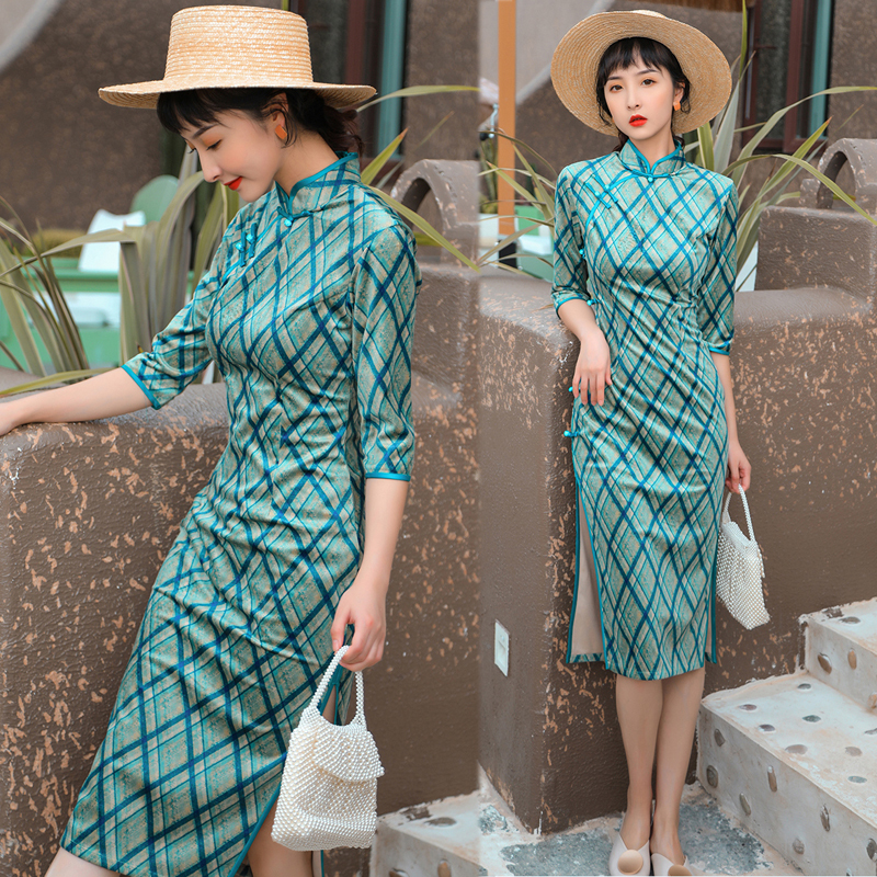 ロング丈チャイナドレス ベルベットチャイナドレス チャイナ風ワンピース チャイナ風服 中華服 二次会 女子会 同窓会 スタンドネック 七分袖 大きいサイズ S M L Ll 3l 4l グリーン 緑 Elegant