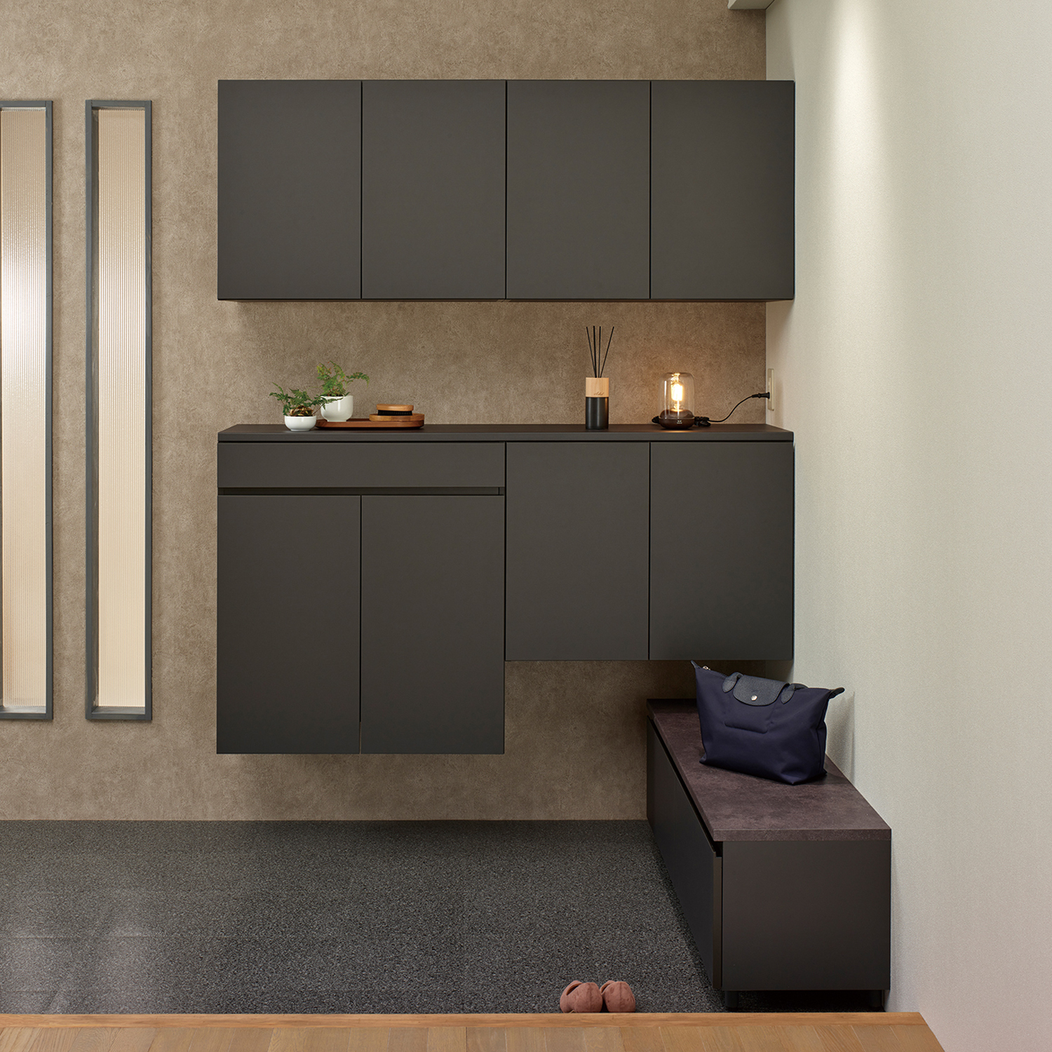 玄関 エントランス収納 幅160cm 奥行40cm マルチセットプラン 玄関収納 下駄箱 シューズボックス 靴収納 吊戸 収納付ベンチ Margin Cabinet Ec