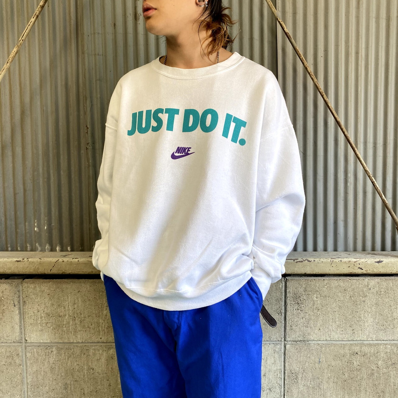 グッドカラー 90年代 Usa製 銀タグ Nike ナイキ センターロゴプリント スウォッシュ Just Do It スウェット メンズm 古着 トレーナー 90s ビンテージ ヴィンテージ ホワイト 白 ビビッドグリーン パープル スウェット Al Cave 古着屋 公式 古着 通販サイト