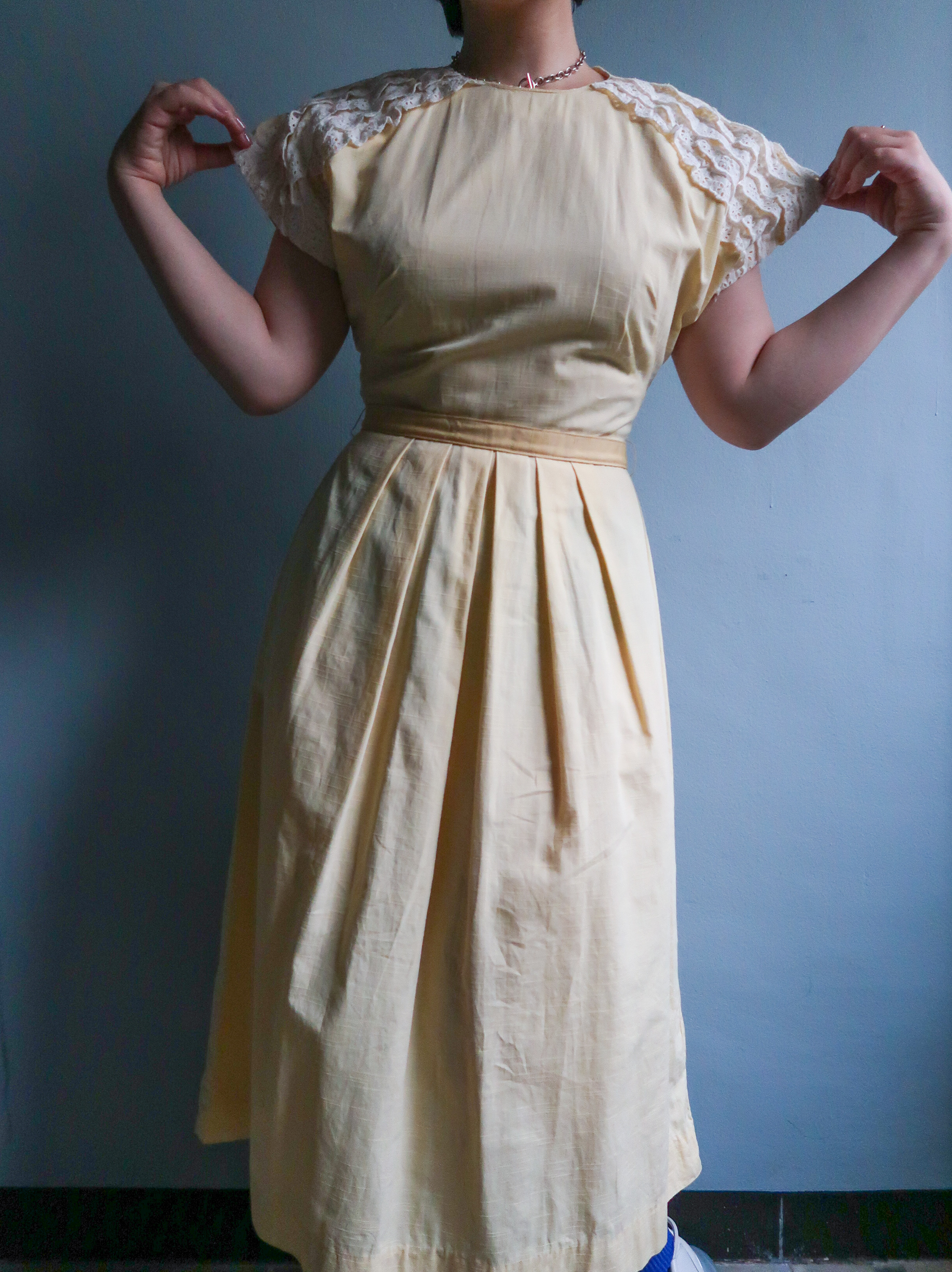 1940 50s Vintage Light Yellow French Sleeve Dress 1940 1950年代 ヴィンテージ ワンピース Chou Chou Vintage