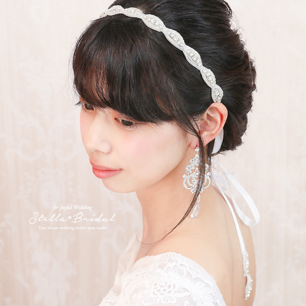 受注生産品 スワロ使用 ビジュー ビーズ ブライダルカチューム シングル リボン仕上げ Stella Bridal オシャレ花嫁さま御用達ウェディングアクセサリーショップ ステラブライダル