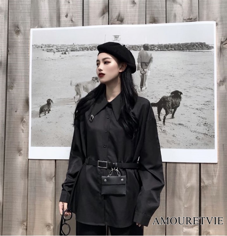シャツ ブラウス トップス 黒 ブラック 長袖 ベルト付き ミニバッグ 付き ロング ピープス オルチャン 韓国ファッション 667 Amouretvie モレヴィ