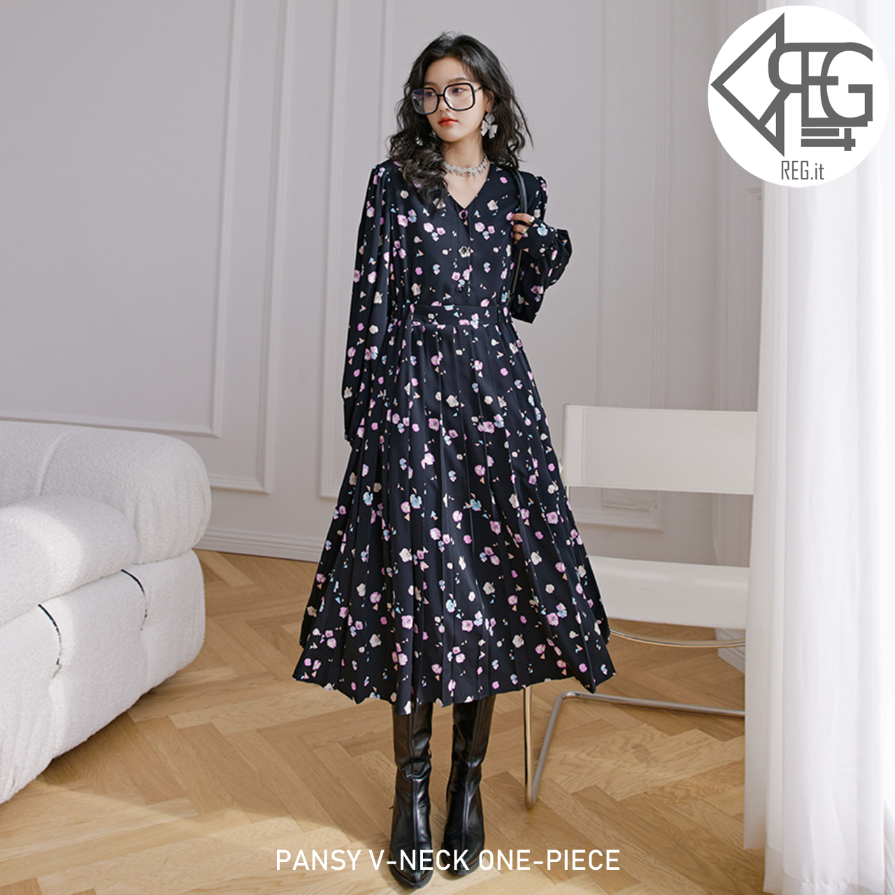 Regit Pansy V Neck One Piece 韓国ファッション 花柄ワンピース 大人かわいい ロング丈ワンピース 代30代 Vネックワンピース シフォンワンピース Regit