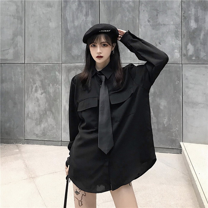 天使と悪魔 ゴスロリ 黒 シャツ ネクタイ 病み可愛い ゴシック 大人可愛い ストリート系 ゴシック 韓国 オルチャン 天使と悪魔 サブカル系ファッション Seasonz