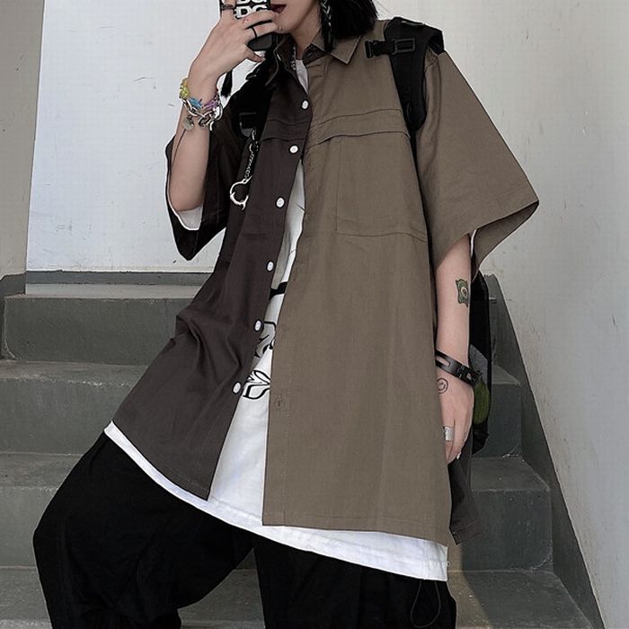 ユニセックス バイカラー シャツ 半袖 オーバーサイズ 大きめ 韓国ファッション メンズ レディース トップス 男女兼用 カジュアル ストリート ファッション Street Style Stitch Loose Shirt Dtc Value Rave Notice バリューレイヴノーティス 韓国