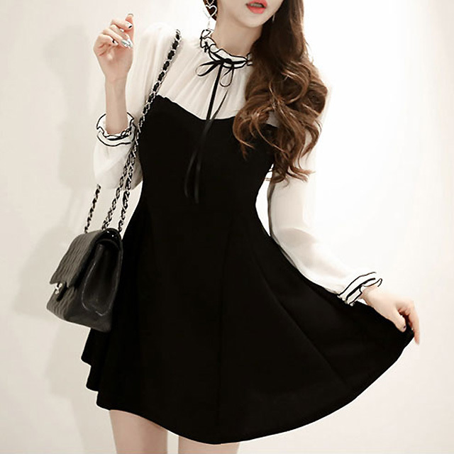 大きいサイズ 韓国レディースファッション 5953 モノトーン フリル ビスチェ風 ワンピース 人気プチプラレディース韓国 ファッション新作通販 Aliceholly アリスホーリー