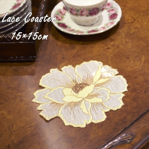 コースター おしゃれ レース ラウンド イエロー 黄色 15ｃｍ 花瓶敷 花 フラワー 敷布 クラシック 高級感 雑貨屋リエット