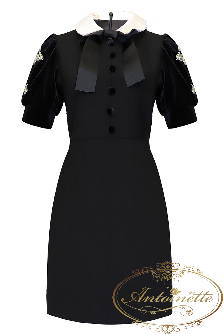レディース 半袖 リボン ビジュー モノトーン ワンピ ワンピース ブラック 清楚 エレガント 秋 Antoinette