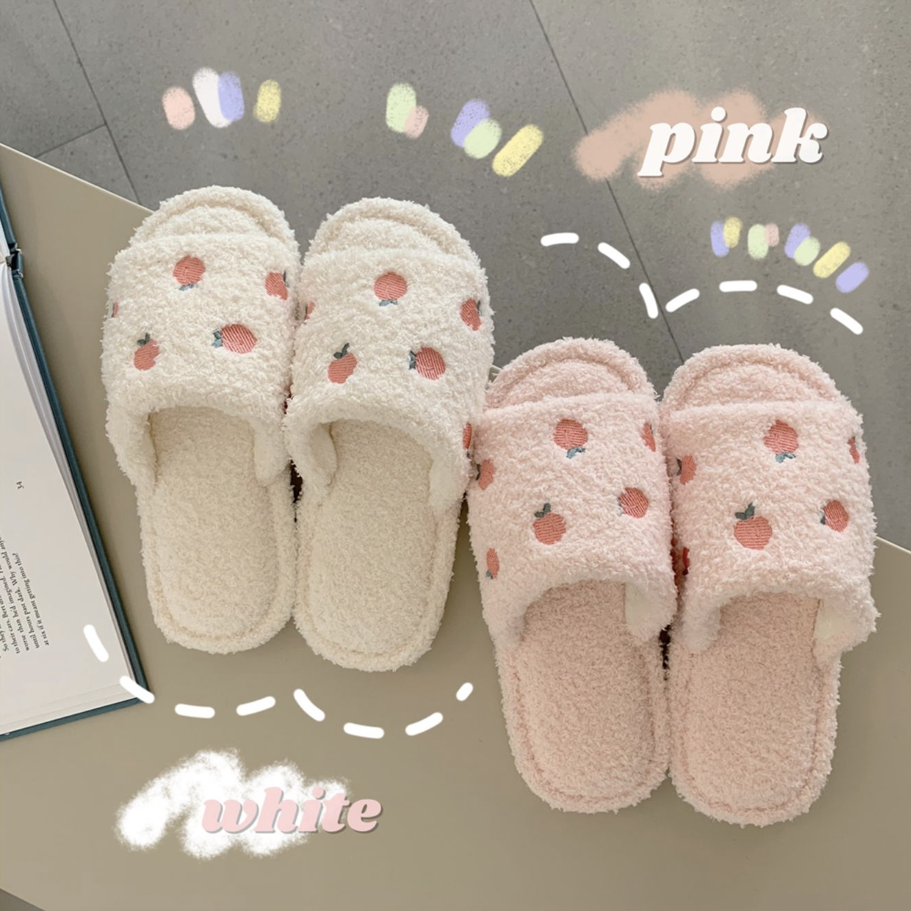 送料無料 もこもこ スリッパ モモ ボア ルーム シューズ おうち時間 リラックス 部屋 刺繍 かわいい 学生 あたたか Lamitte Deco トレンド 韓国ファッション ショップ