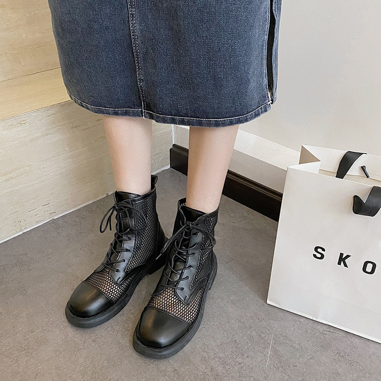 Regit Mesh Mennish Boots Black 韓国 靴 シューズ ブーツ メンズライク ミリタリー メッシュ 夏 カジュアル 10代 代 プチプラ 映える 透け感 ネット通販 Regit