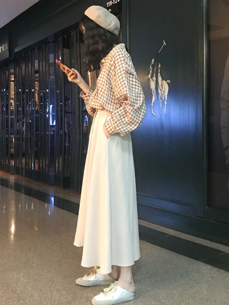 春夏 チェック柄シャツ スカート ワンピース 長袖シャツ カジュアルファッション Macaron