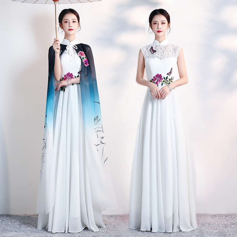 マントを贈呈する ロングチャイナドレス 改良型チャイナドレス パーティードレス チャイナ風ワンピース チャイナ風服 中華服 二次会 女子会 同窓会 スタンドネック 半袖 大きいサイズ S M L Ll 3l 4l 5l 刺繍入り ホワイト 白い Elegant