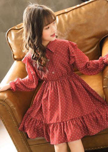 ドット柄 シフォン シャツ ワンピース 110 150cm 赤 フリル 春服 長袖 ガーリー 女の子 可愛い Aライン フレア スカート 19s S 韓国 子供服 P065 A Dear Child