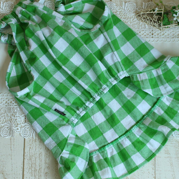 ブルドッグの服 可愛いギンガムチェックの夏ワンピ 緑 イングリッシュブルドッグの服 ｂｕｌｌ ｃｈｅｒｉｒｅ