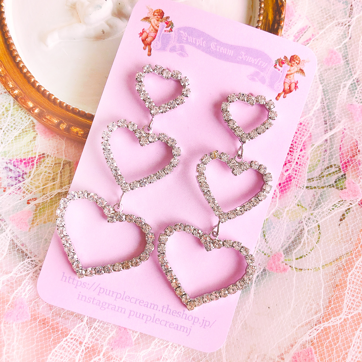 ラインストーンハート3連ピアス シルバー P107 Sv Redvelvet アイリーン Twice ナヨン ツウィ 着用ピアス Purple Cream Jewelry