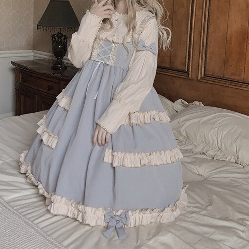 M0327 ロリータ ワンピース 秋冬 長袖 可愛い ゆめかわいい エレガント レースアップ Lightblue Magicspice